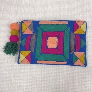 NoonDay Boho Wool Clutch Bag Embroidered Geometric Pattern‎ Tassel Pouch